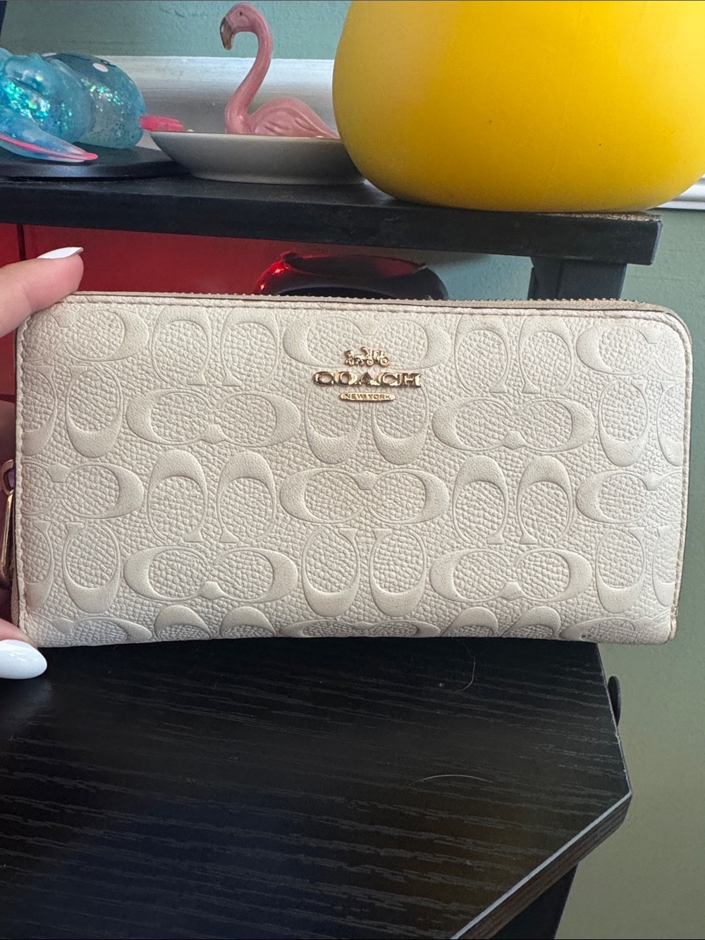 Coach Embossed Signature Zip Wallet - Cream